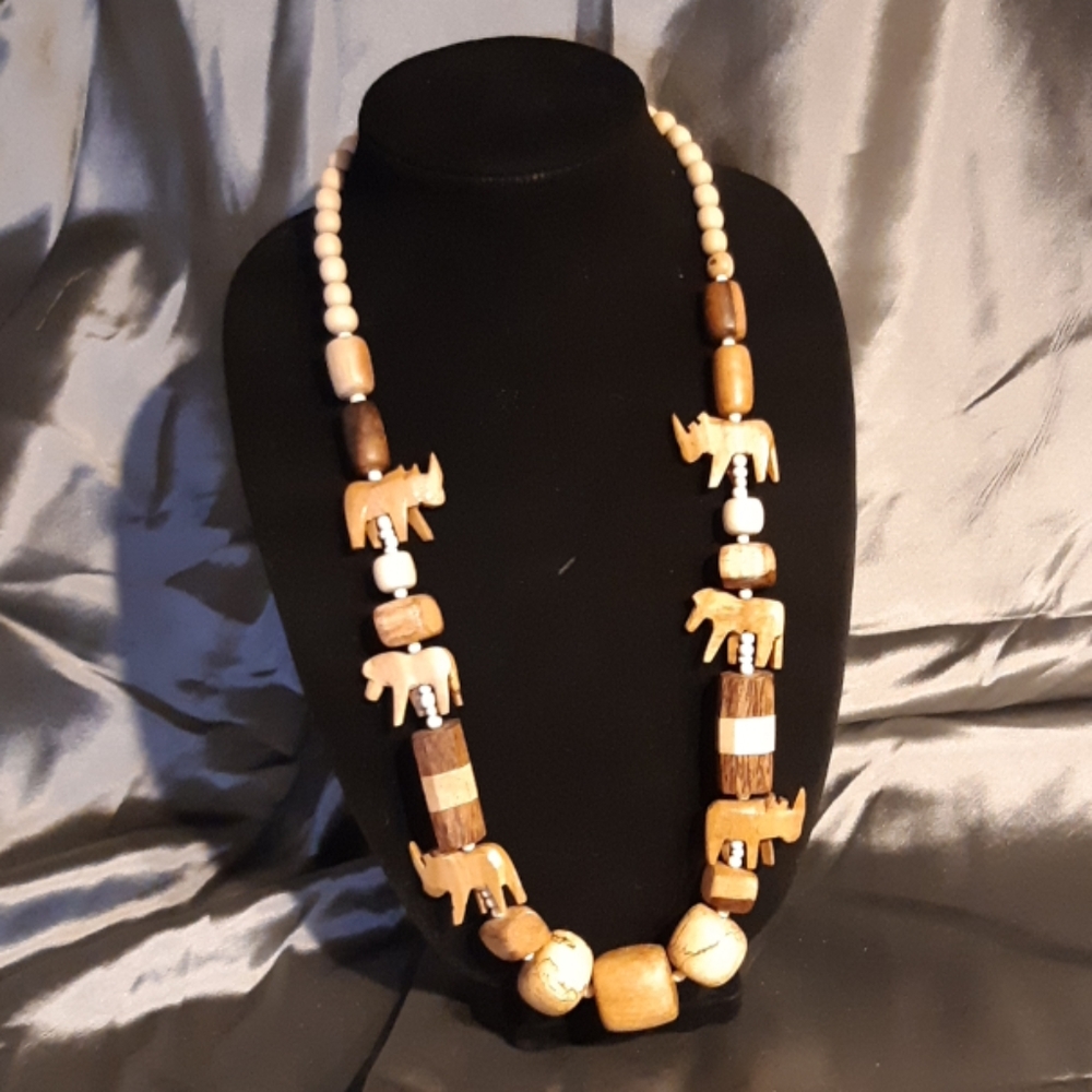Jungle Animals Wood Carved Bead Necklace Jewelry Tribal wearable Art